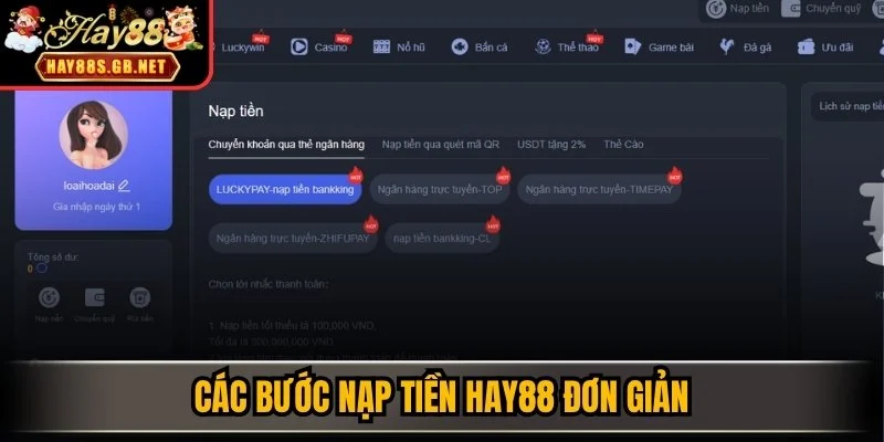 Các bước nạp tiền HAY88 đơn giản
